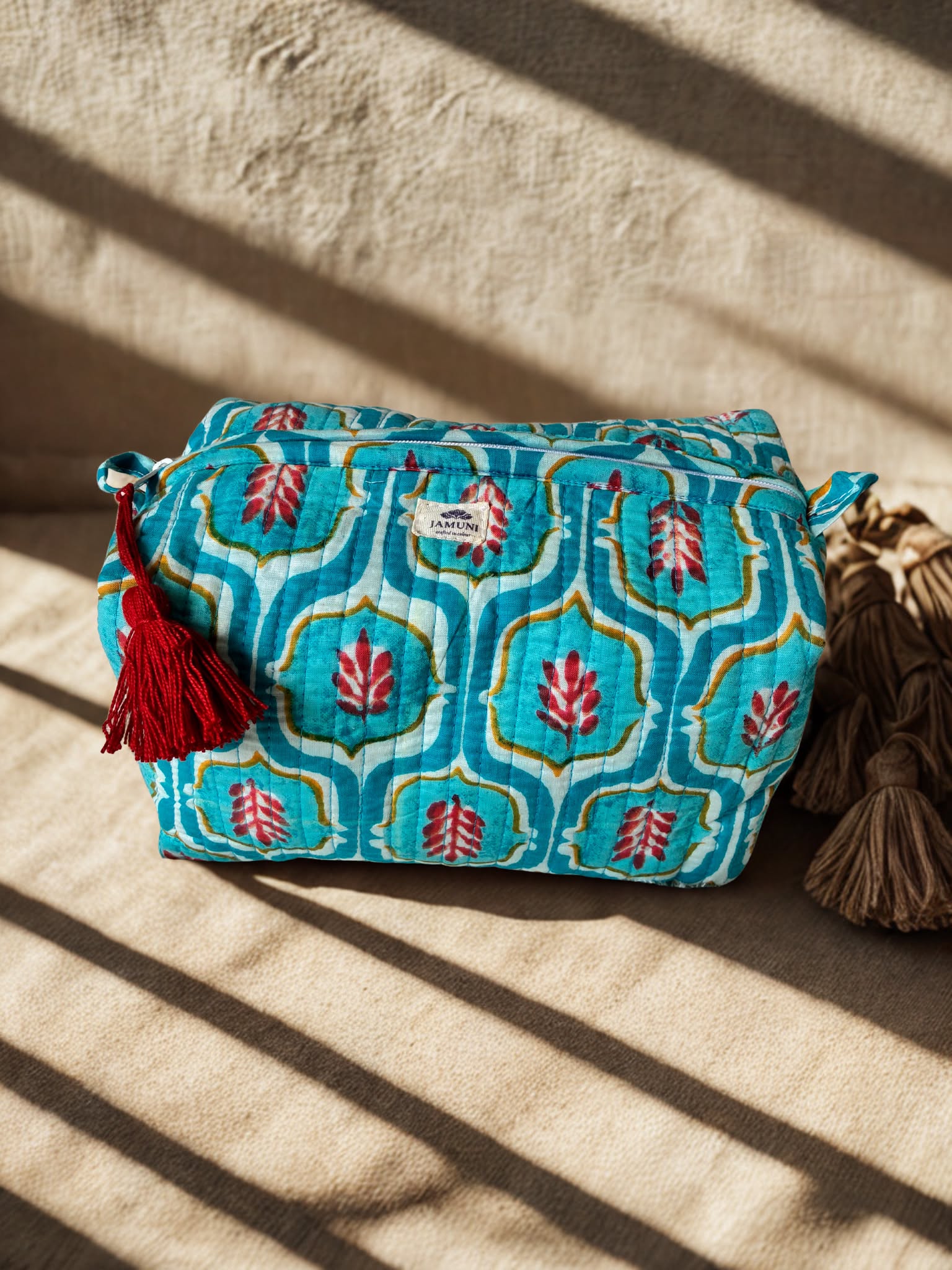 Aqua Bloom Quilted Cotton Pouch Set (Set of 3)