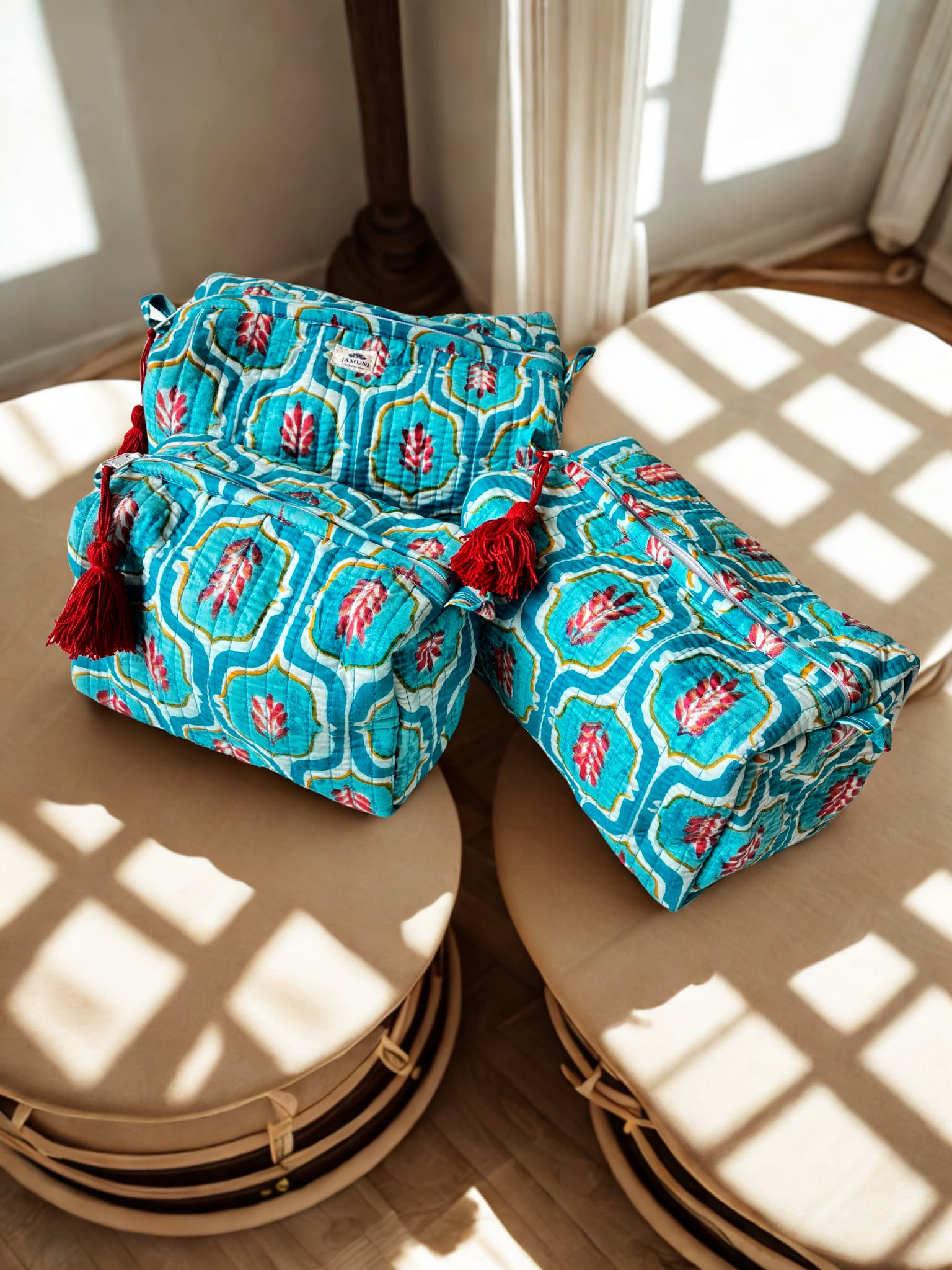 Aqua Bloom Quilted Cotton Pouch Set (Set of 3)