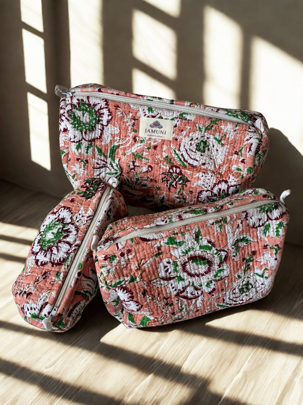 Blush Garden Quilted Cotton Pouch Set (Set of 3)