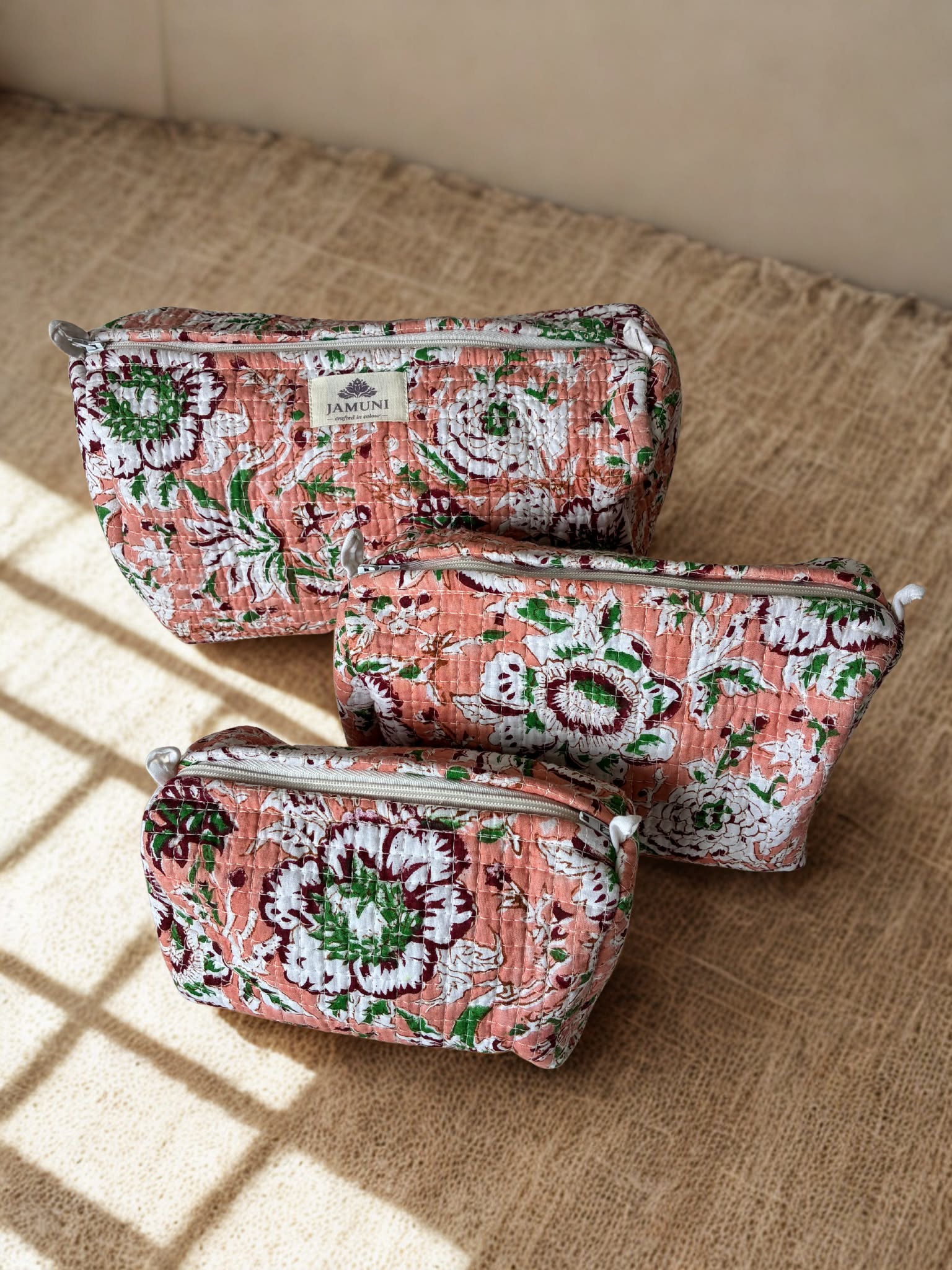 Blush Garden Quilted Cotton Pouch Set (Set of 3)