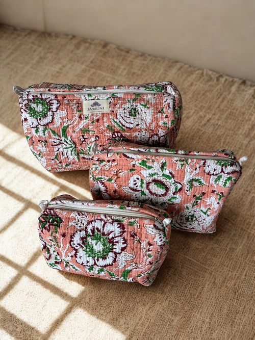 Blush Garden Quilted Cotton Pouch Set (Set of 3)