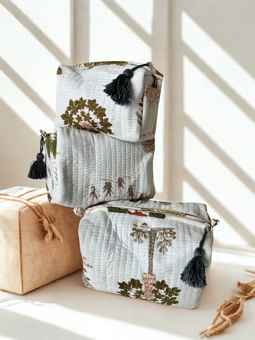 Ivory Meadow Quilted Cotton Pouch Set (Set of 3)