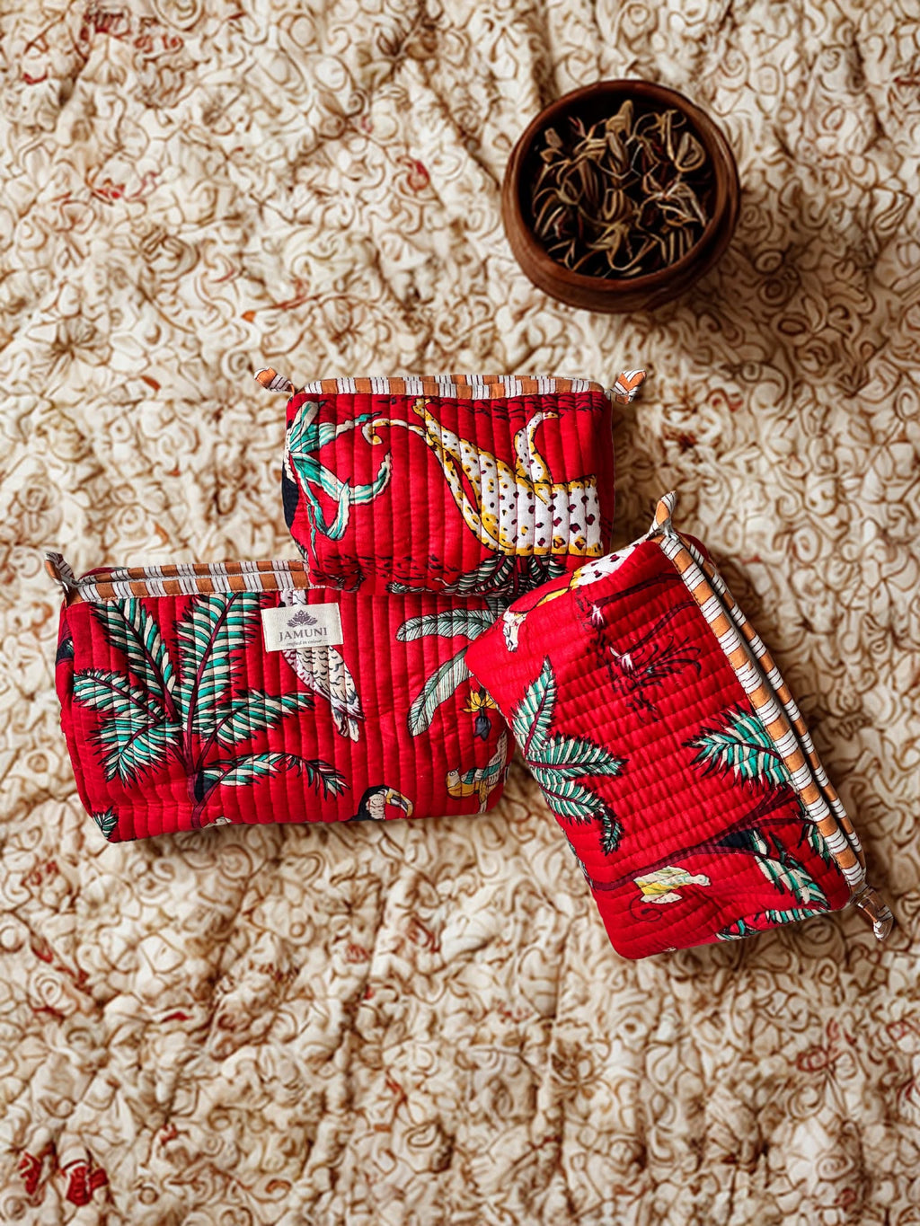 Wild Safari Quilted Cotton Pouch Set (Set of 3)
