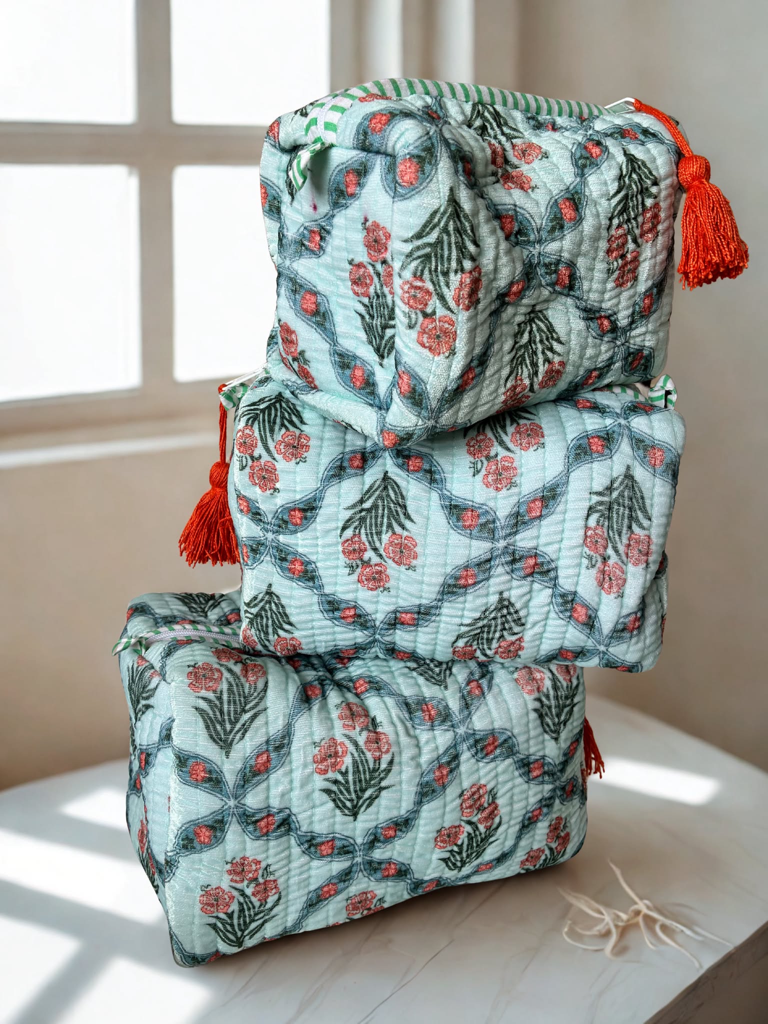 Sage Bloom Velvet Pouch Set (Set of 3)