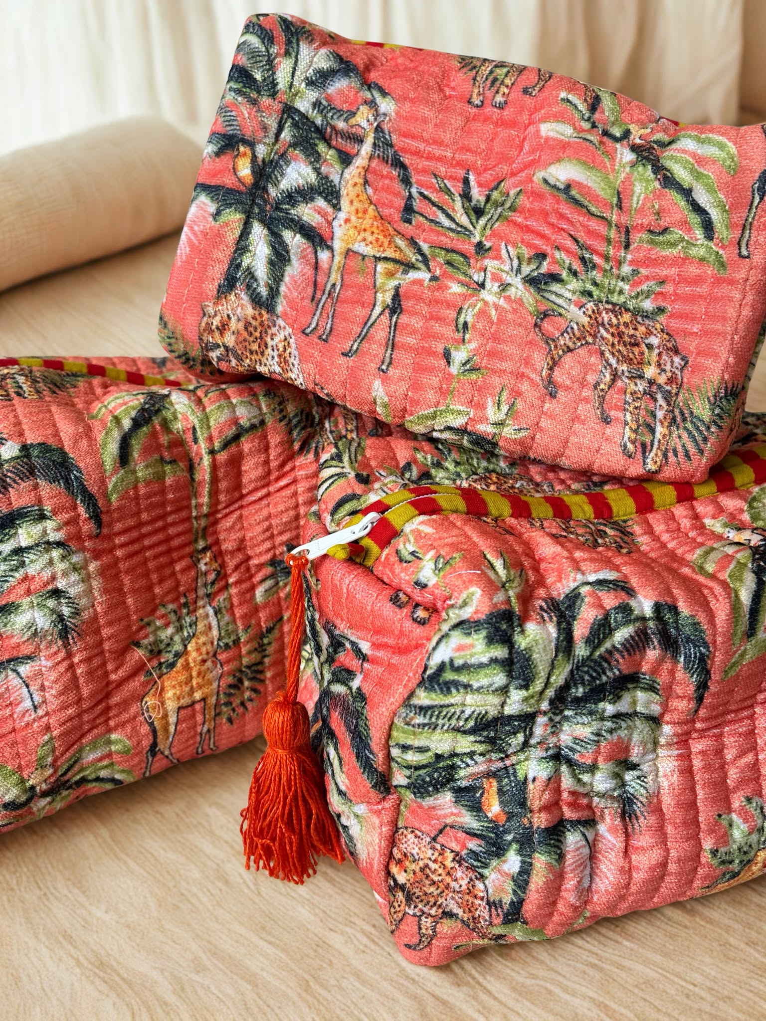 Coral Safari Velvet Pouch Set (Set of 3)