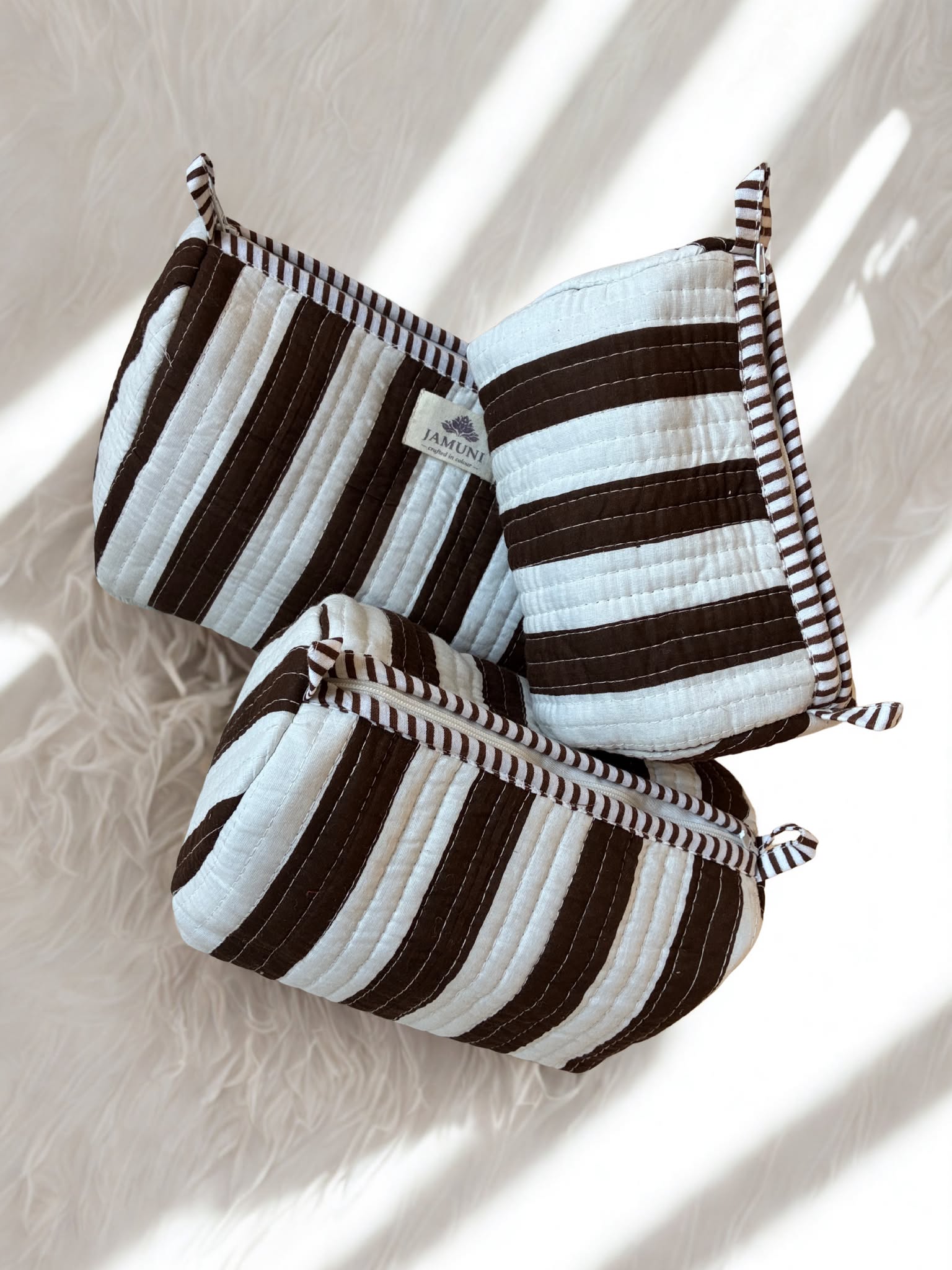 Cocoa Stripe Quilted Cotton Pouch Set (Set of 3)