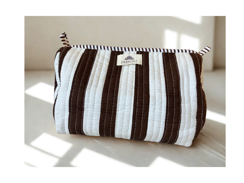 Cocoa Stripe Quilted Cotton Pouch Set (Set of 3)