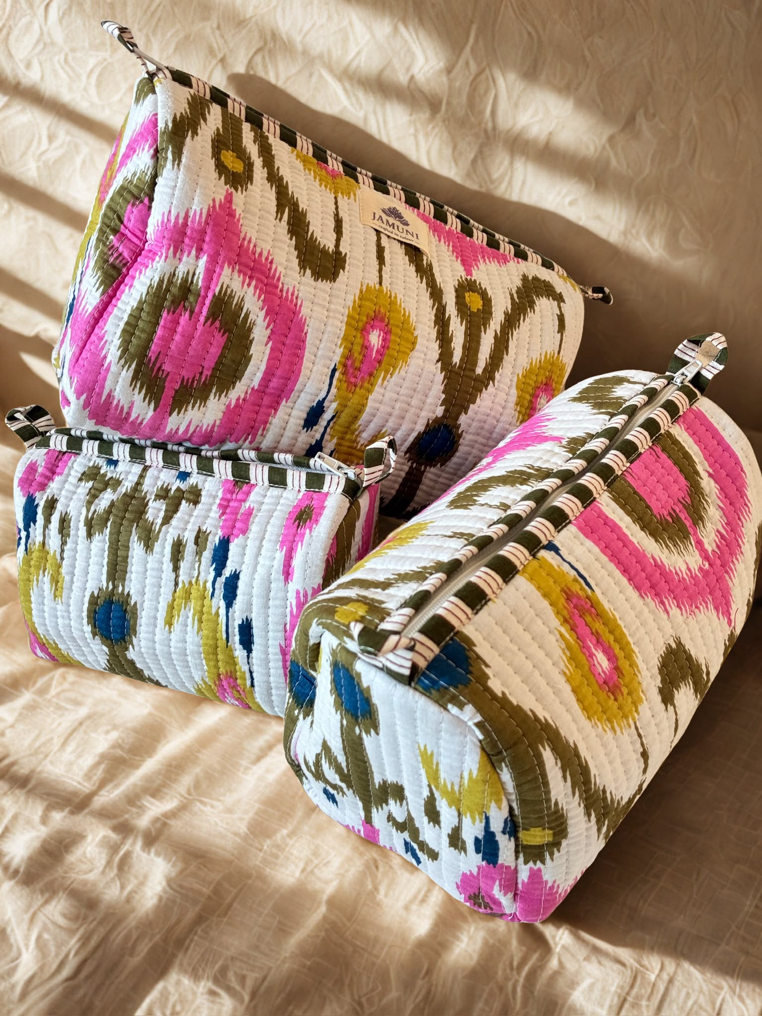 Pink Ikat Quilted Cotton Pouch Set (Set of 3)