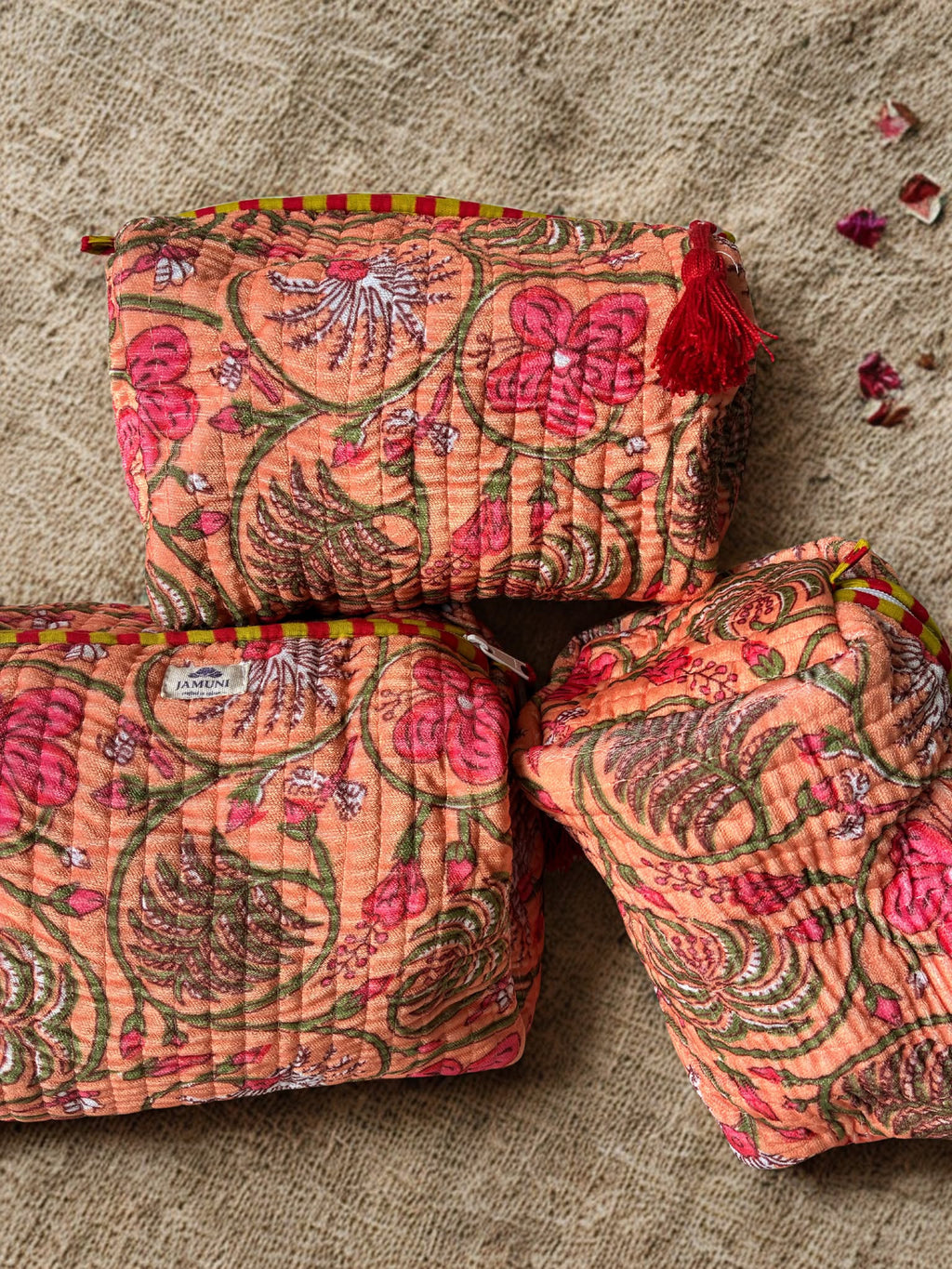 Peach Blossom Velvet Quilted Pouch Set (Set of 3)