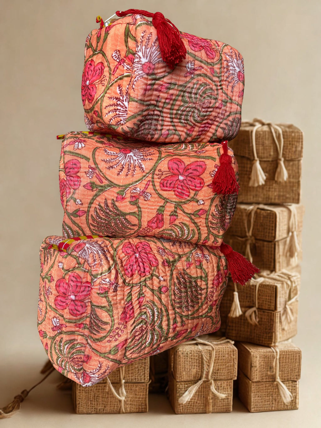 Peach Blossom Velvet Quilted Pouch Set (Set of 3)