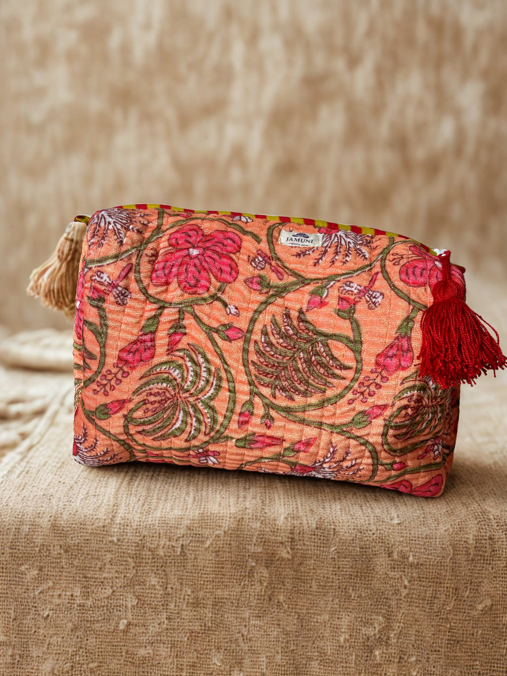 Peach Blossom Velvet Quilted Pouch Set (Set of 3)