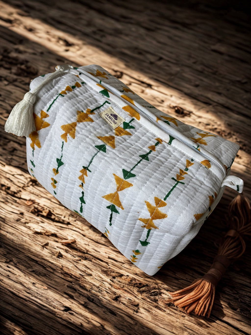 Golden Bloom Cotton Quilted Pouch Set (Set of 3)