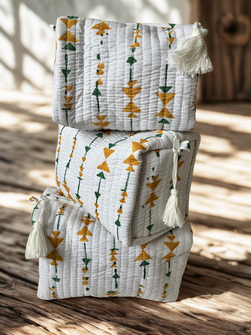 Golden Bloom Cotton Quilted Pouch Set (Set of 3)
