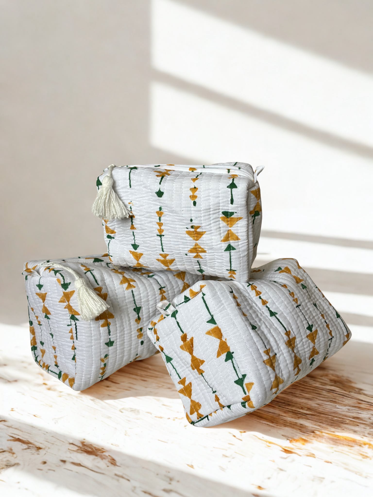 Golden Bloom Cotton Quilted Pouch Set (Set of 3)