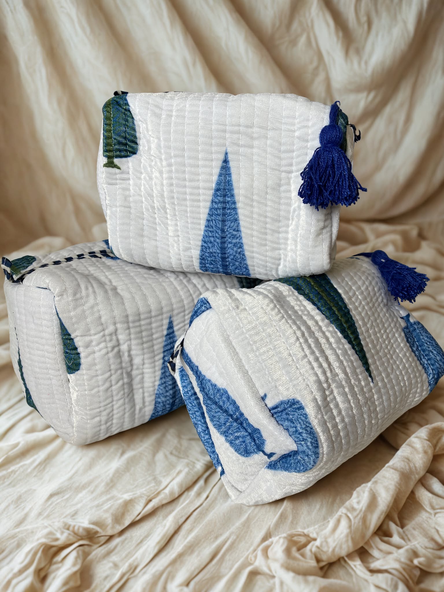 Coastal Breeze Velvet Quilted Pouch Set (Set of 3)