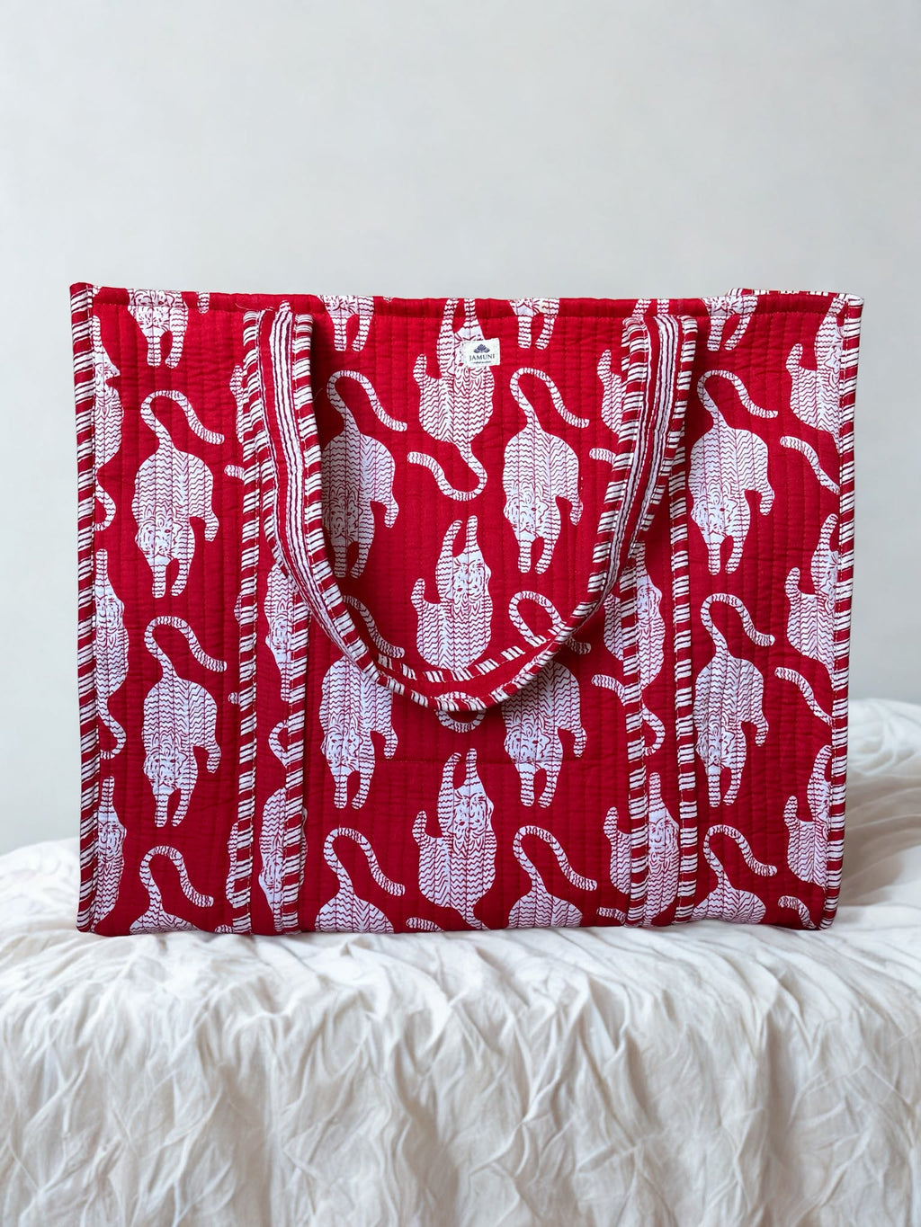 Quilted Cotton Tote Bag – Tiger Block Print