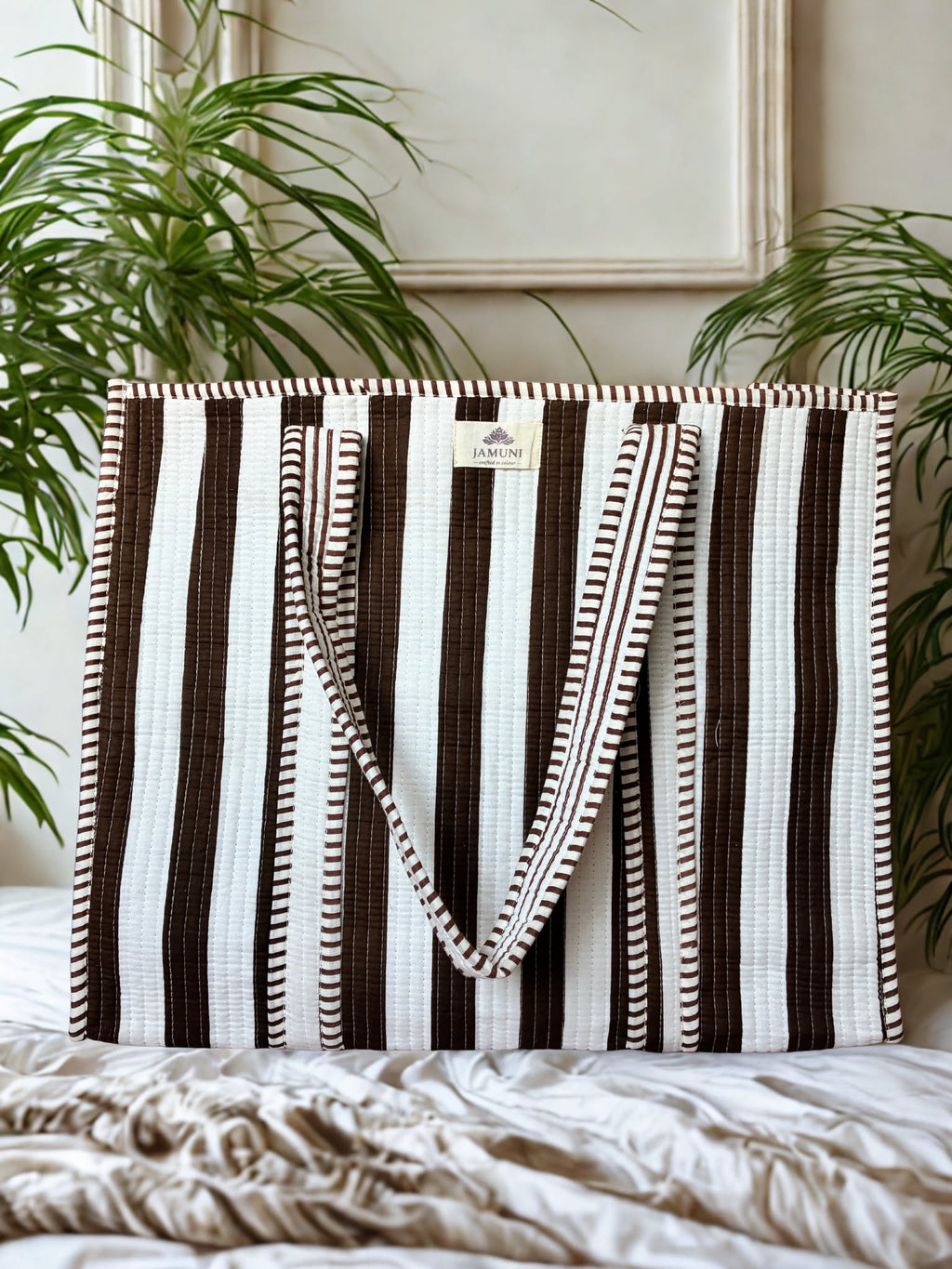 Quilted Cotton Tote Bag – Cocoa Stripe