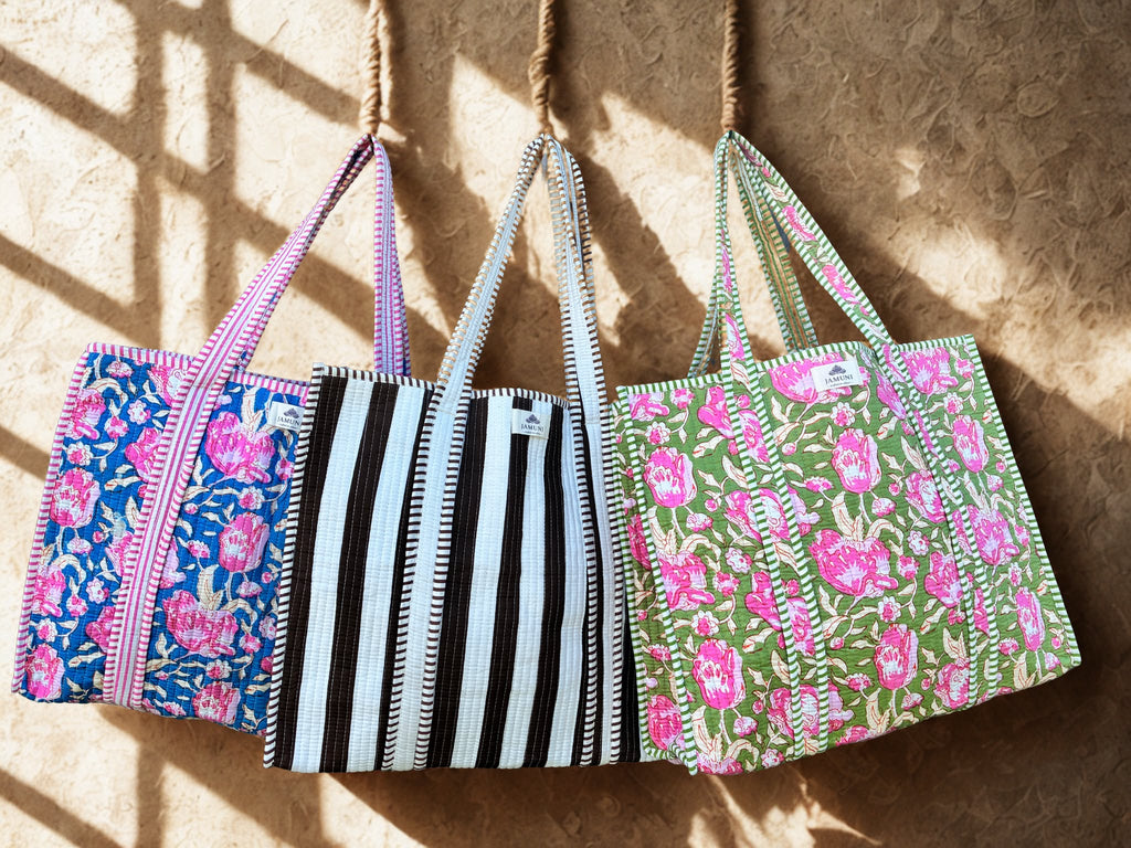 Quilted Cotton Tote Bag – Cocoa Stripe