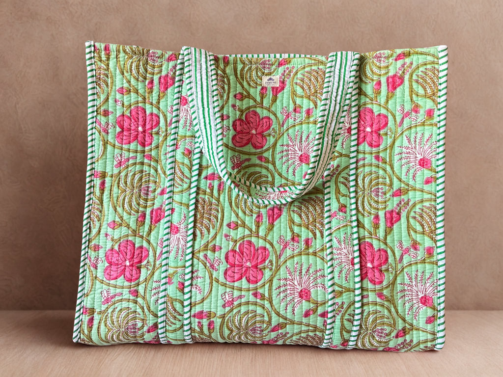 Mint Blossom Quilted Cotton Tote