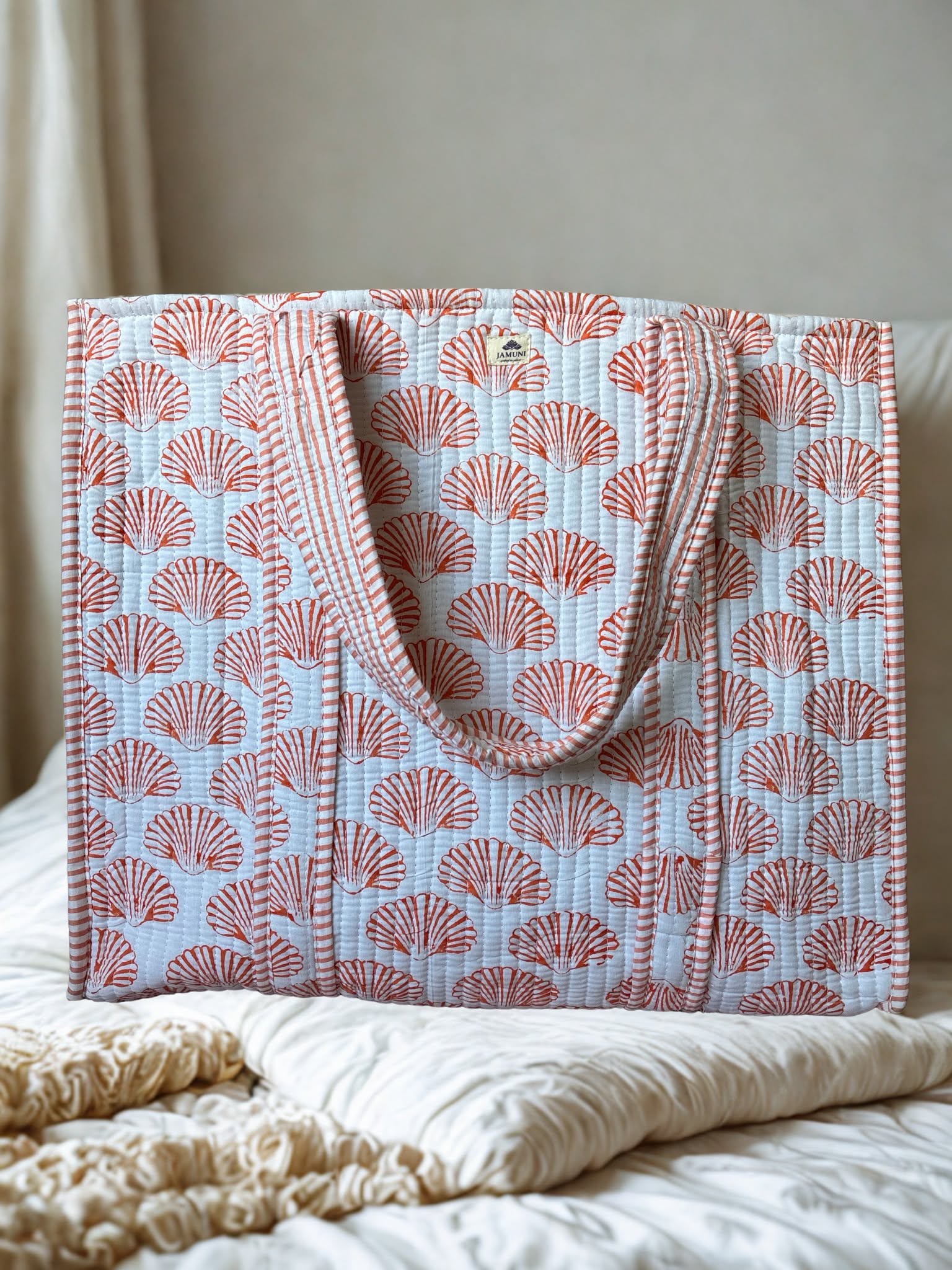 Coral Shell Block Print Quilted Cotton Tote
