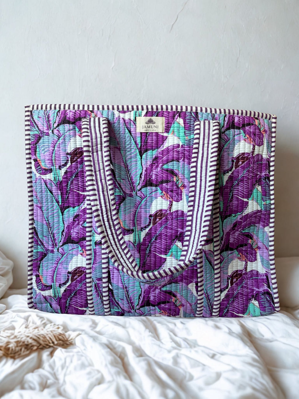 Tropical Palm Block Print Quilted Cotton Tote