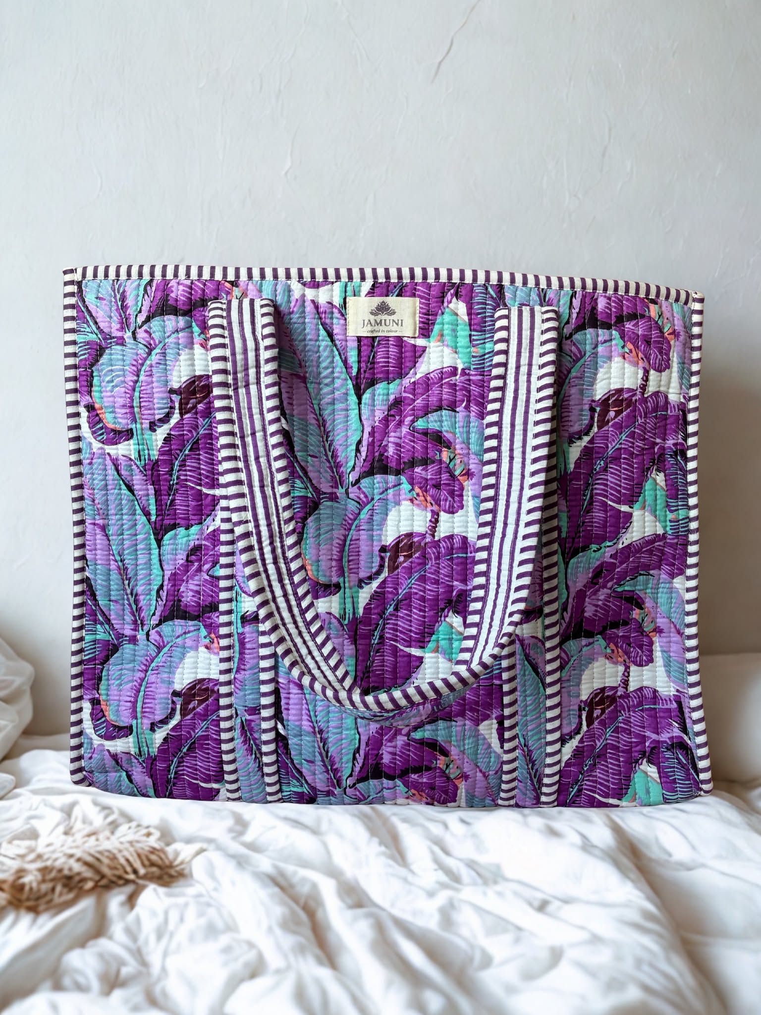 Tropical Palm Block Print Quilted Cotton Tote