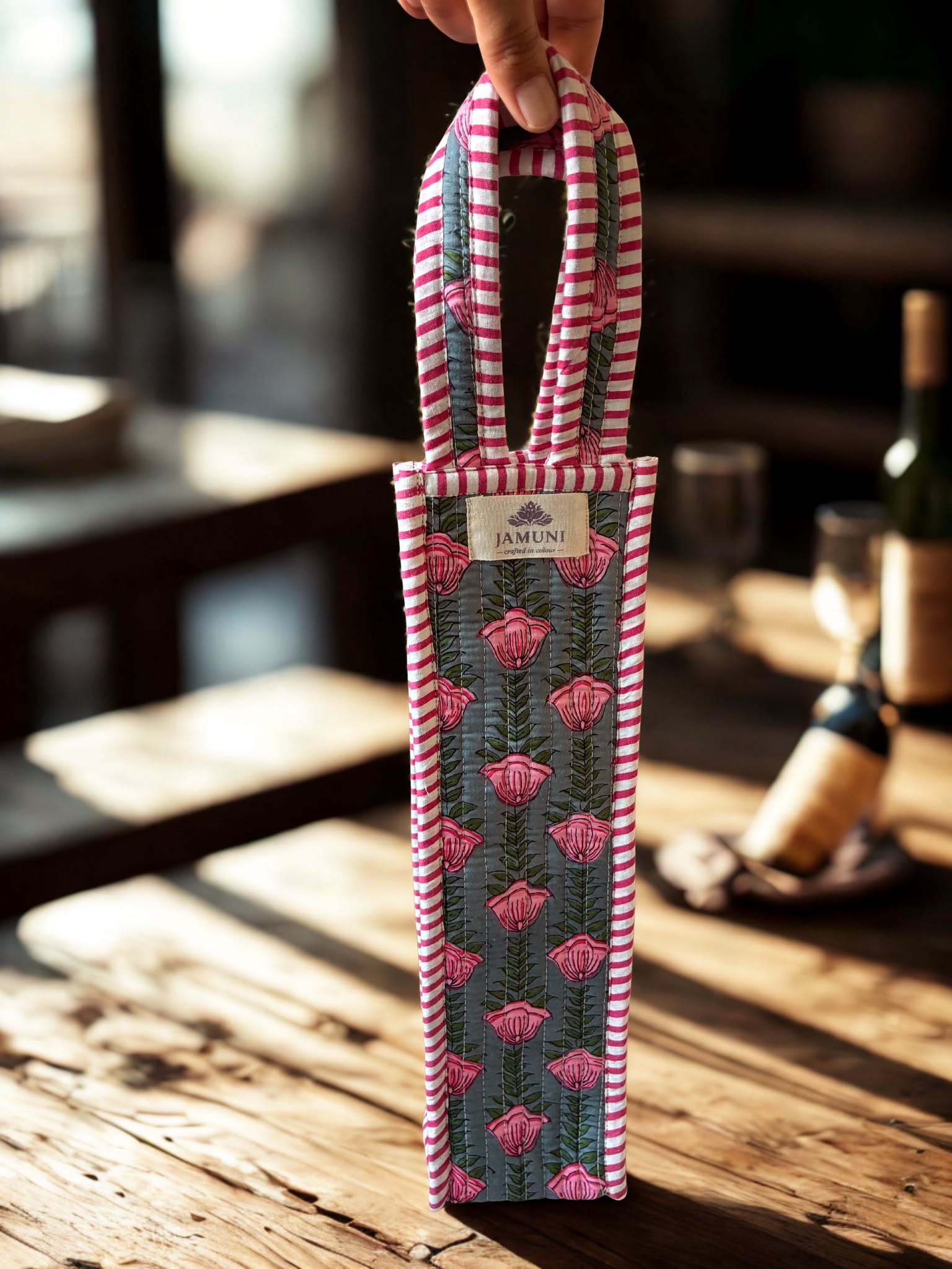 Blush Bloom Quilted Cotton Wine Bag
