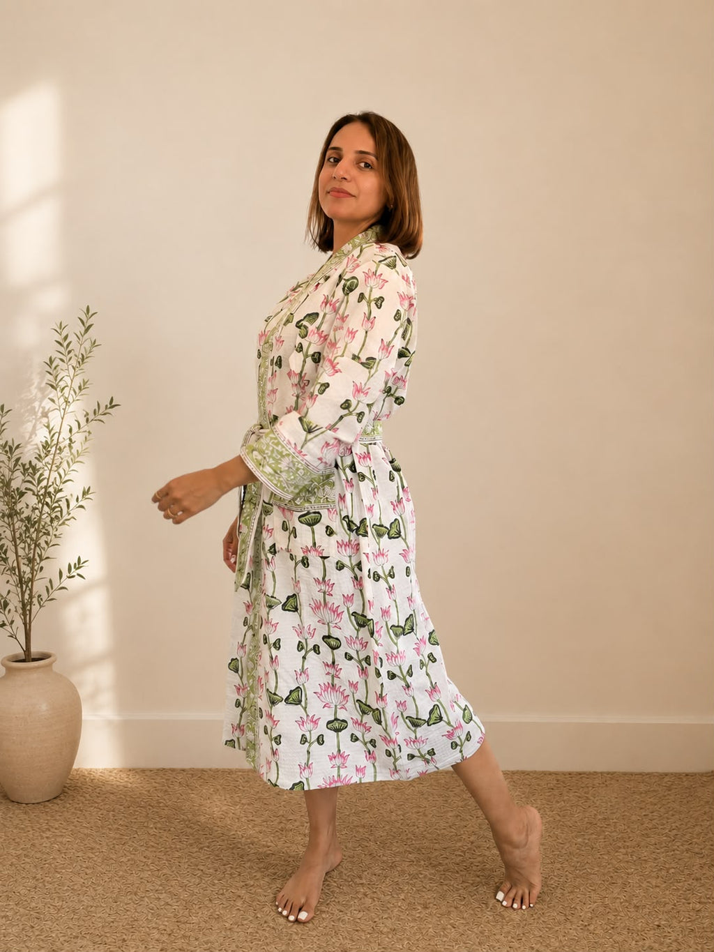 Lotus Bloom Cotton Bathrobe - side view on model