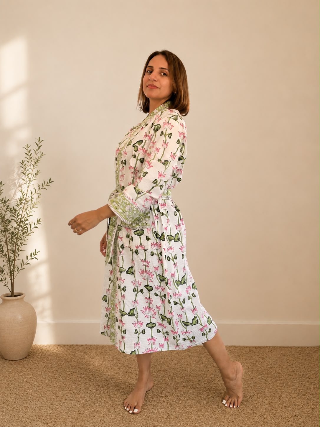 Lotus Bloom Cotton Bathrobe - side view on model