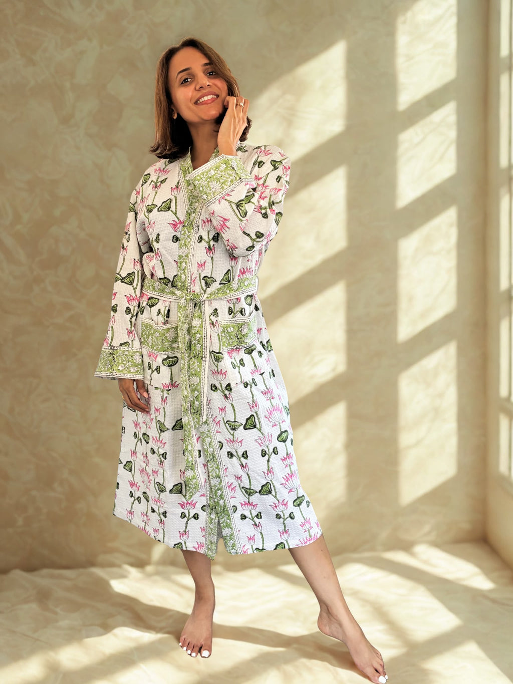 Lotus Bloom Cotton Bathrobe - front view on model