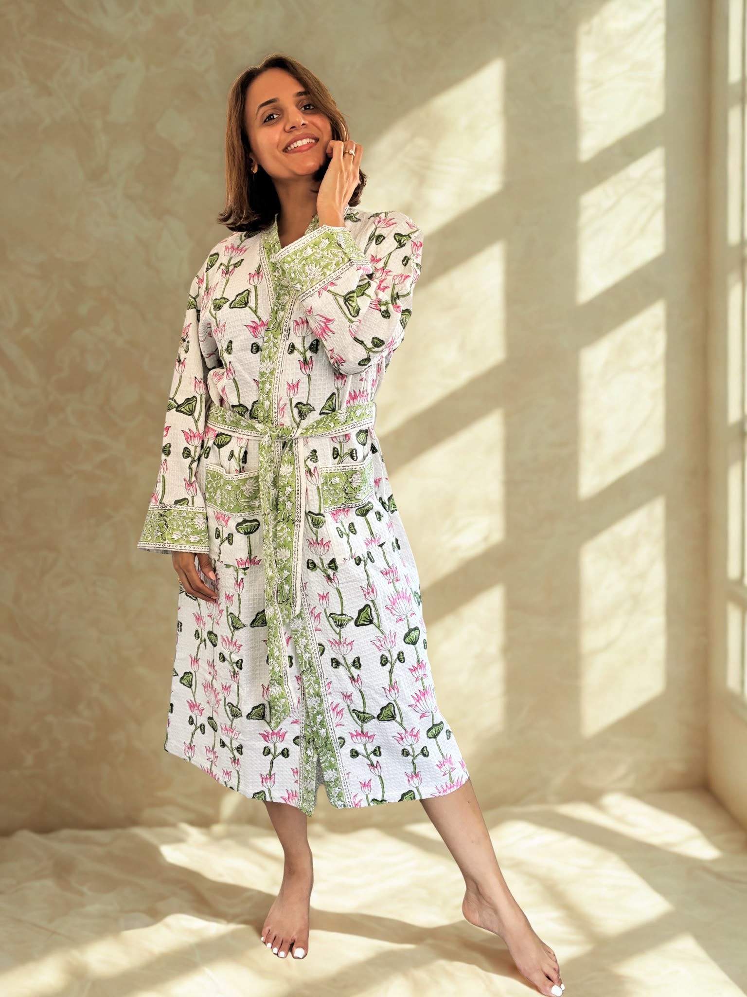 Lotus Bloom Cotton Bathrobe - front view on model