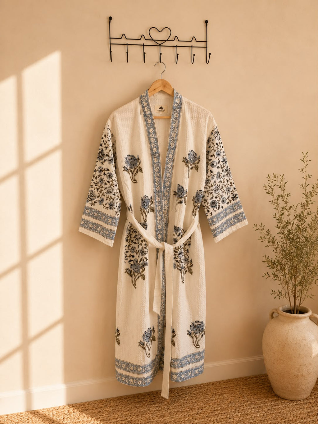 Blue Blossom Cotton Bathrobe - flat lay on hanger