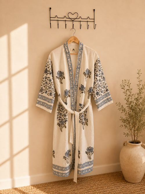 Blue Blossom Cotton Bathrobe - flat lay on hanger