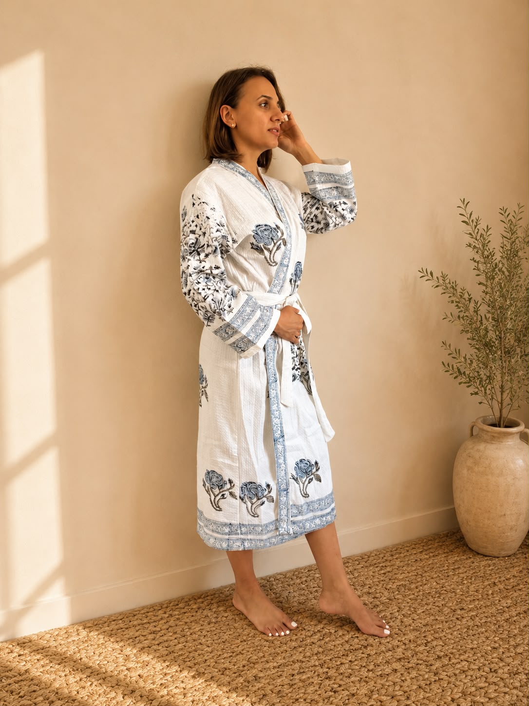 Blue Blossom Cotton Bathrobe - side view on model