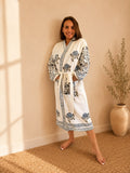 Blue Blossom Cotton Bathrobe - front view on model