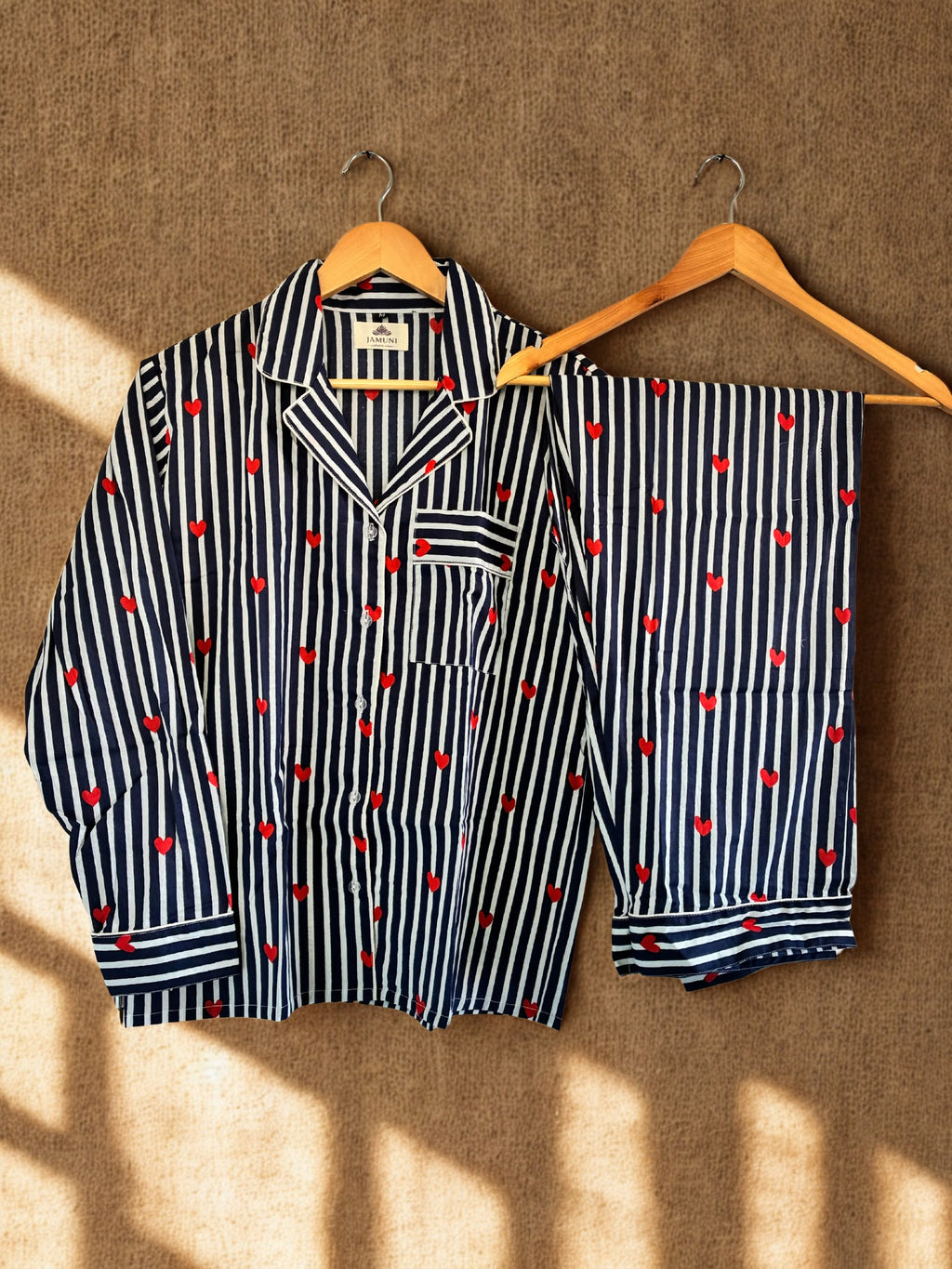 Midnight Hearts Cotton PJ Set - flat lay on hangers
