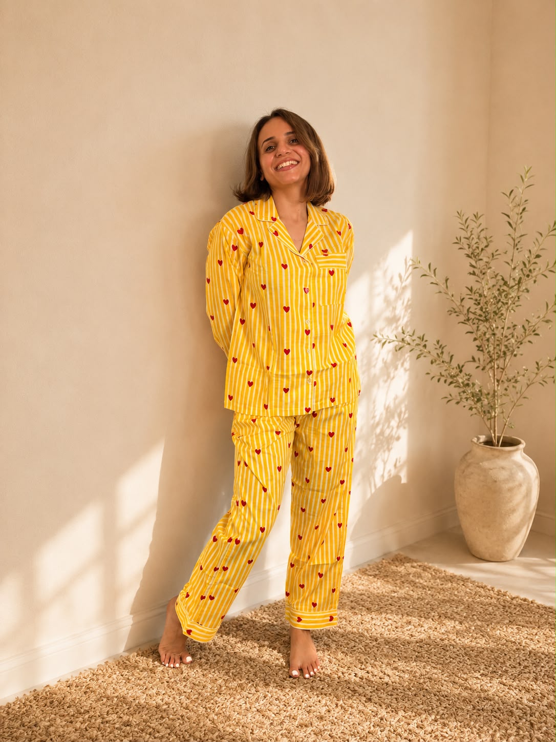 Sunshine Hearts Cotton PJ Set - model wearing close-up front