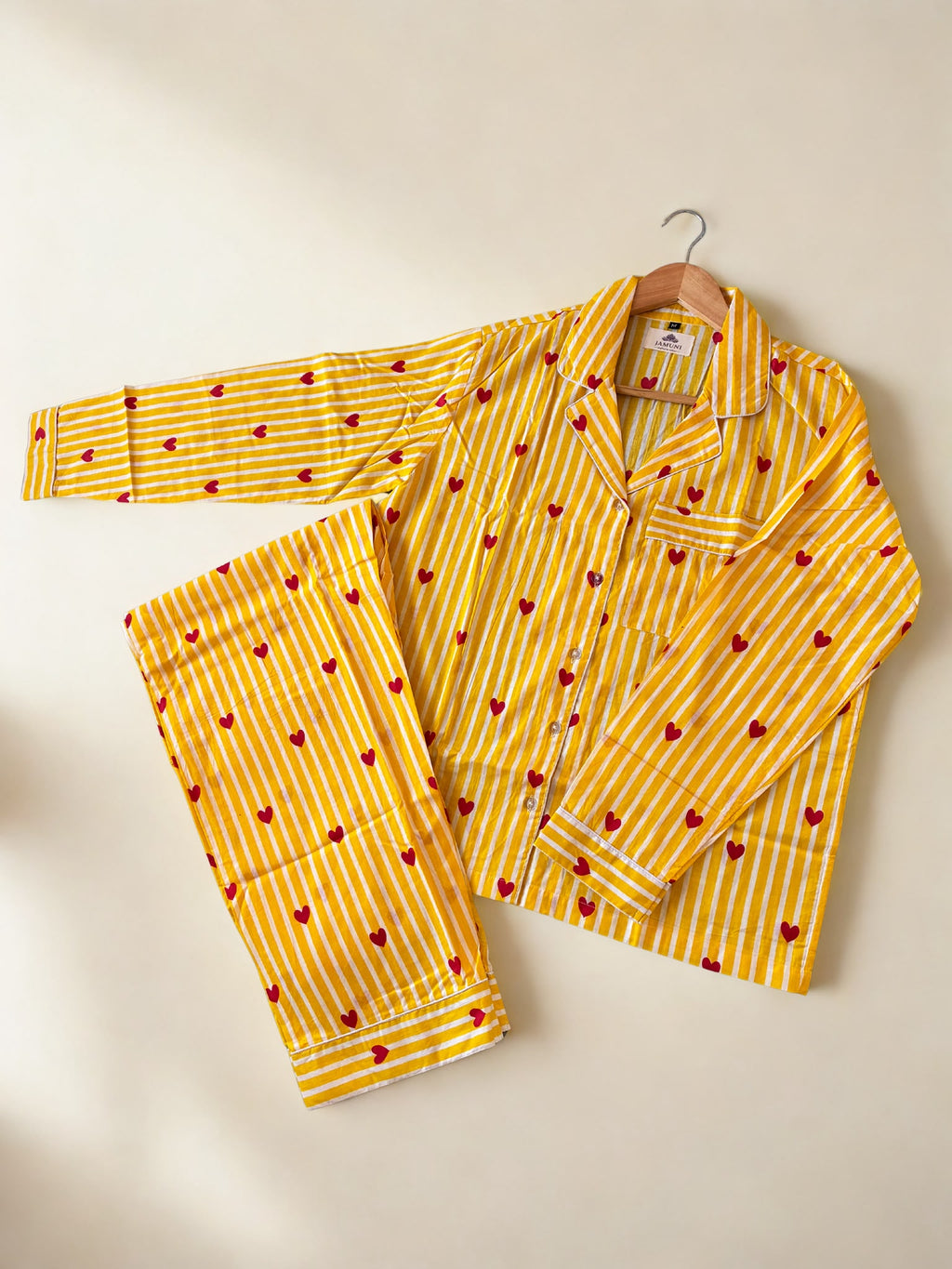 Sunshine Hearts Cotton PJ Set - flat lay on hanger