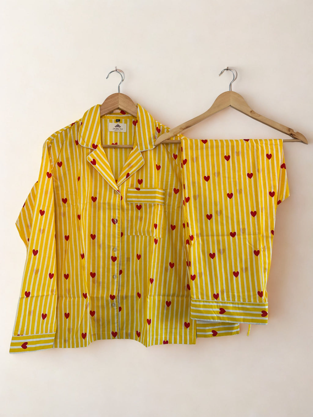 Sunshine Hearts Cotton PJ Set - shirt and trousers on hangers