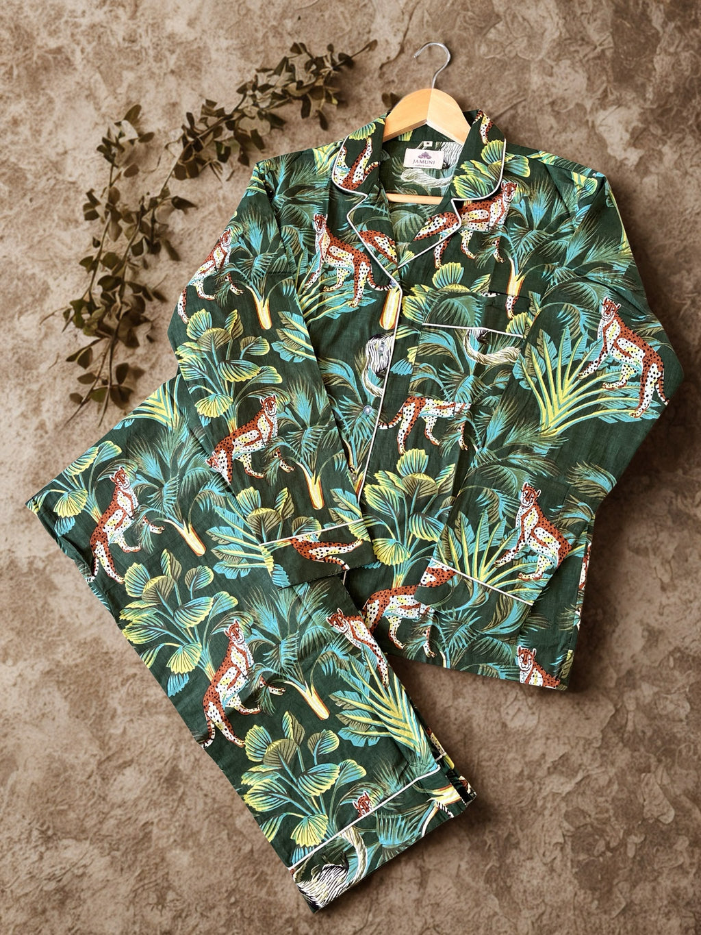 Jungle Escape Cotton PJ Set - flat lay with botanical styling
