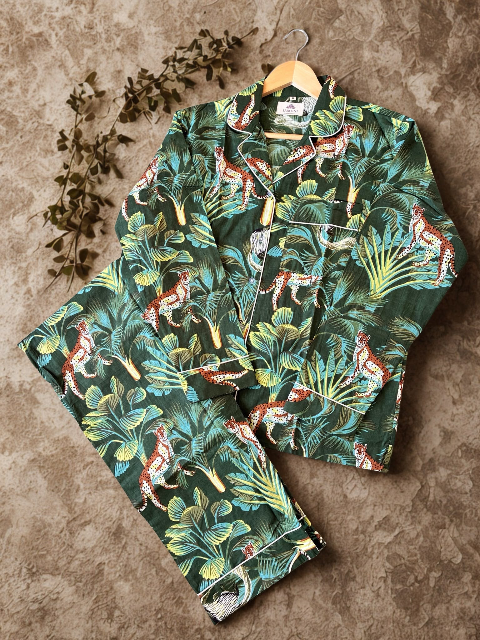 Jungle Escape Cotton PJ Set - flat lay with botanical styling