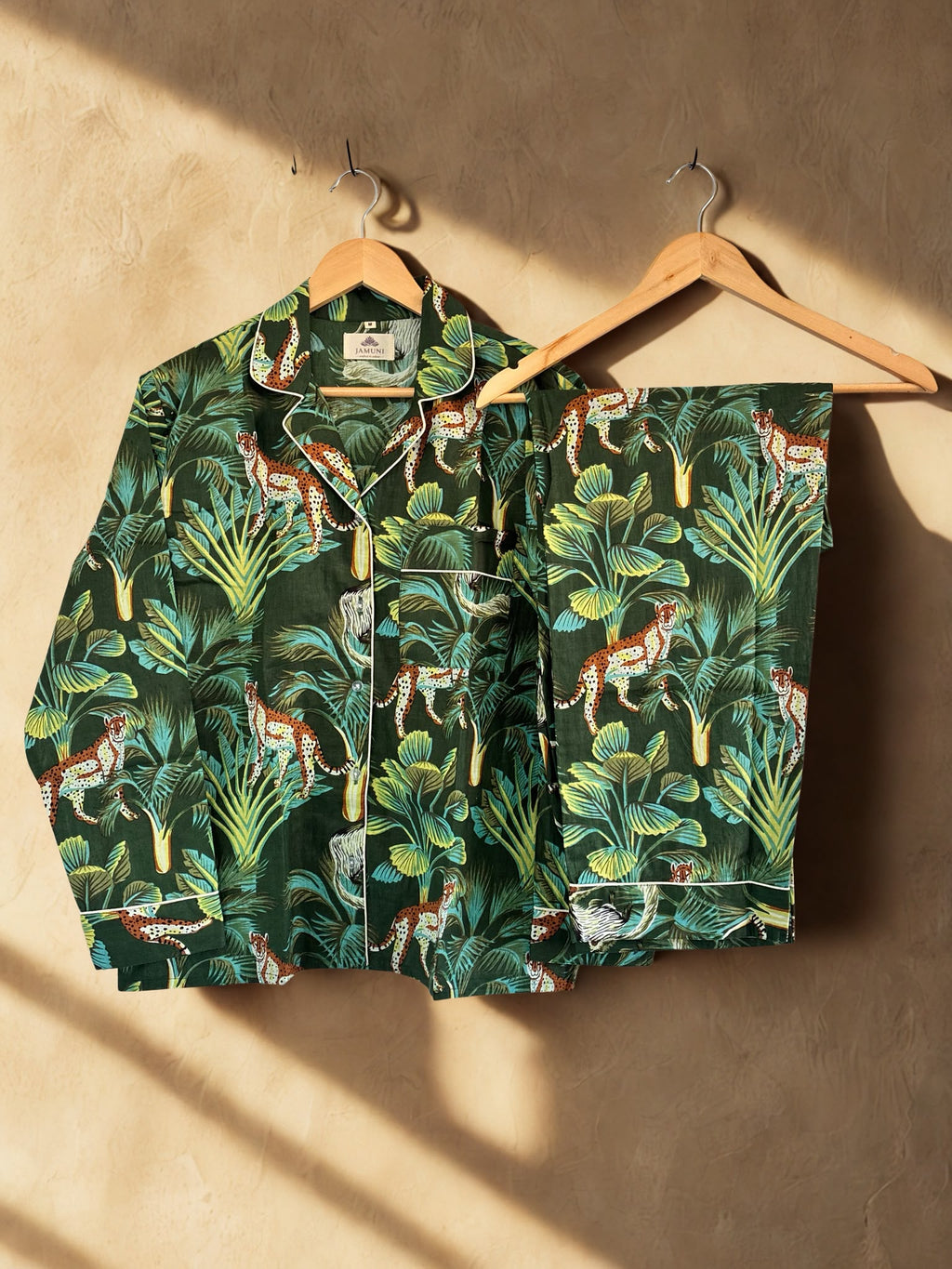 Jungle Escape Cotton PJ Set - shirt and trousers on hangers