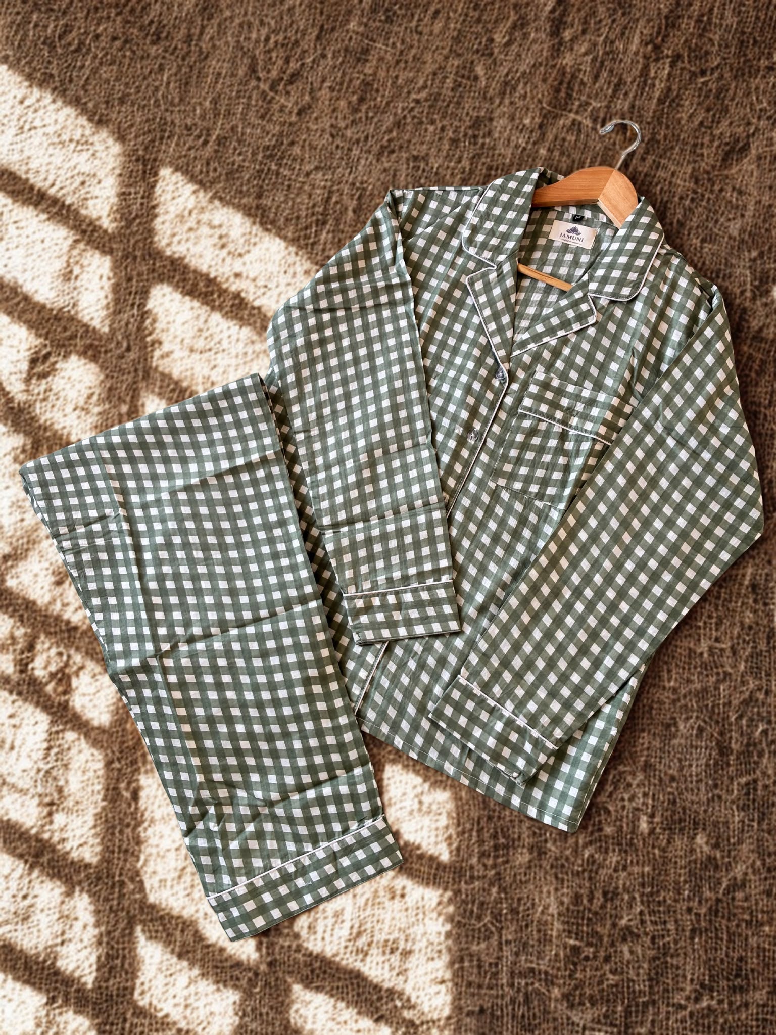 Olive Gingham Cotton PJ Set - flat lay on textured surface