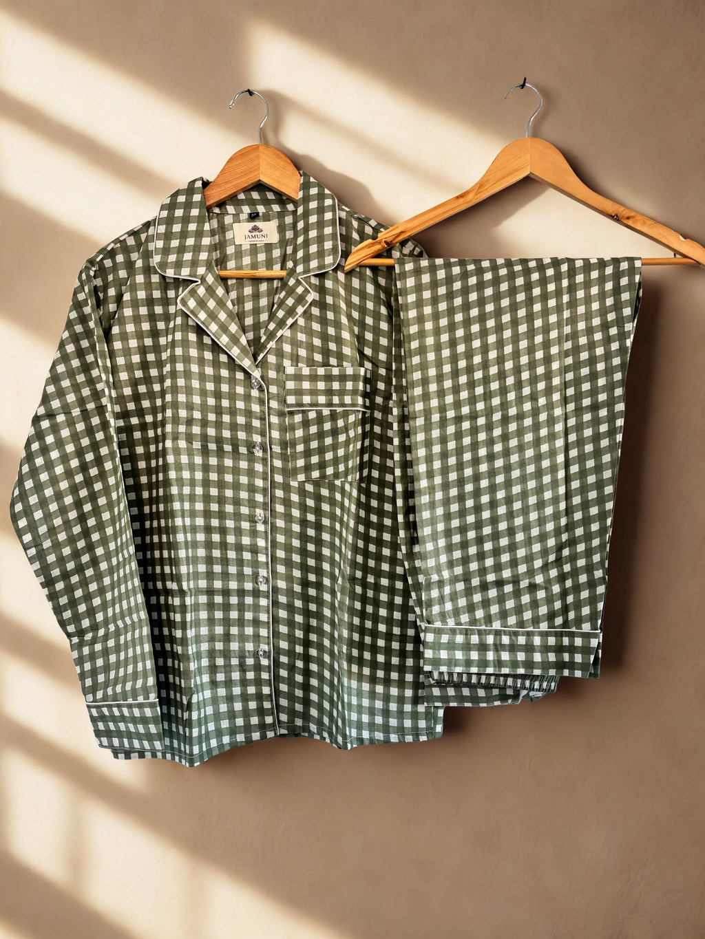 Olive Gingham Cotton PJ Set - shirt and trousers on hangers