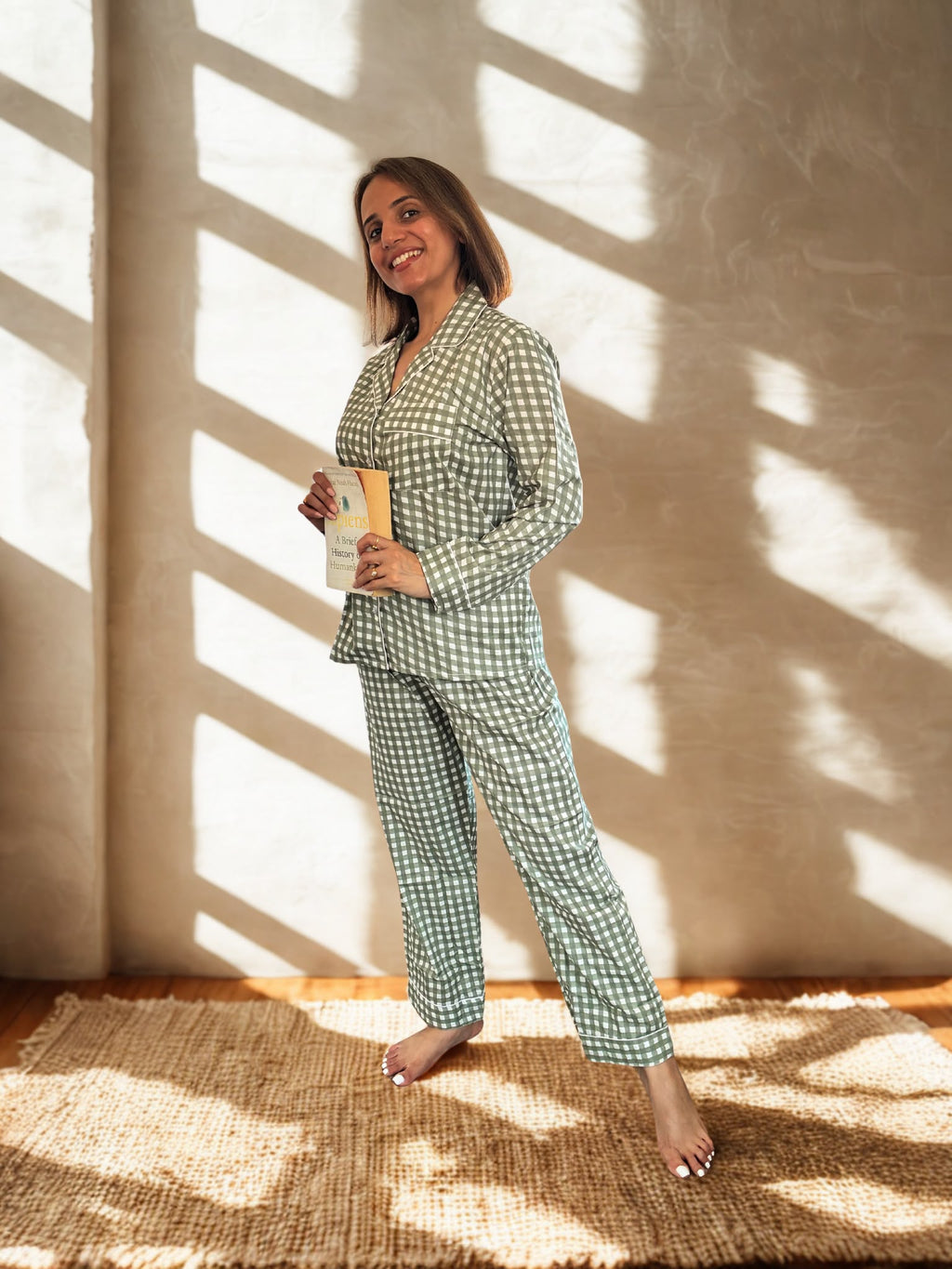 Olive Gingham Cotton PJ Set - model wearing front view