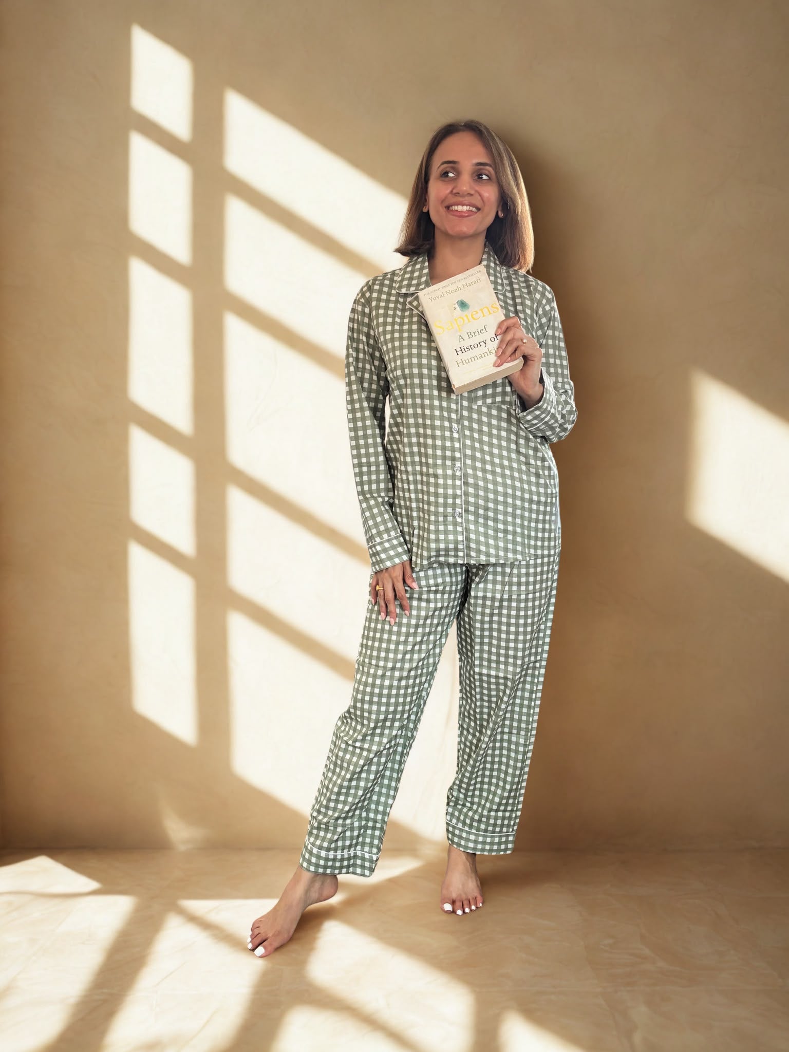 Olive Gingham Cotton PJ Set - model wearing full length front