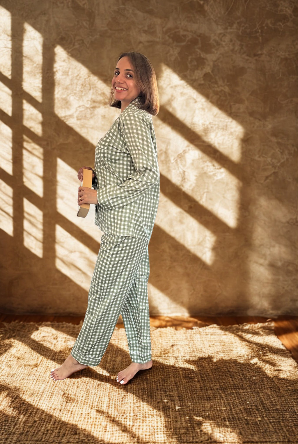 Olive Gingham Cotton PJ Set - model wearing side view