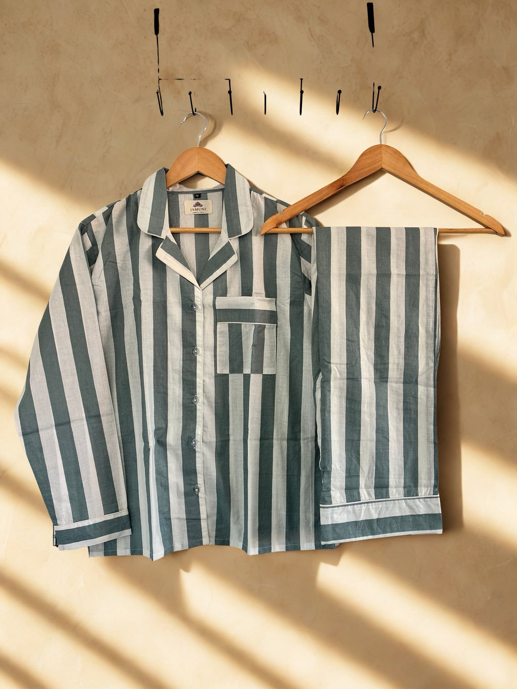 Sage Stripe Cotton PJ Set - shirt and trousers on hangers