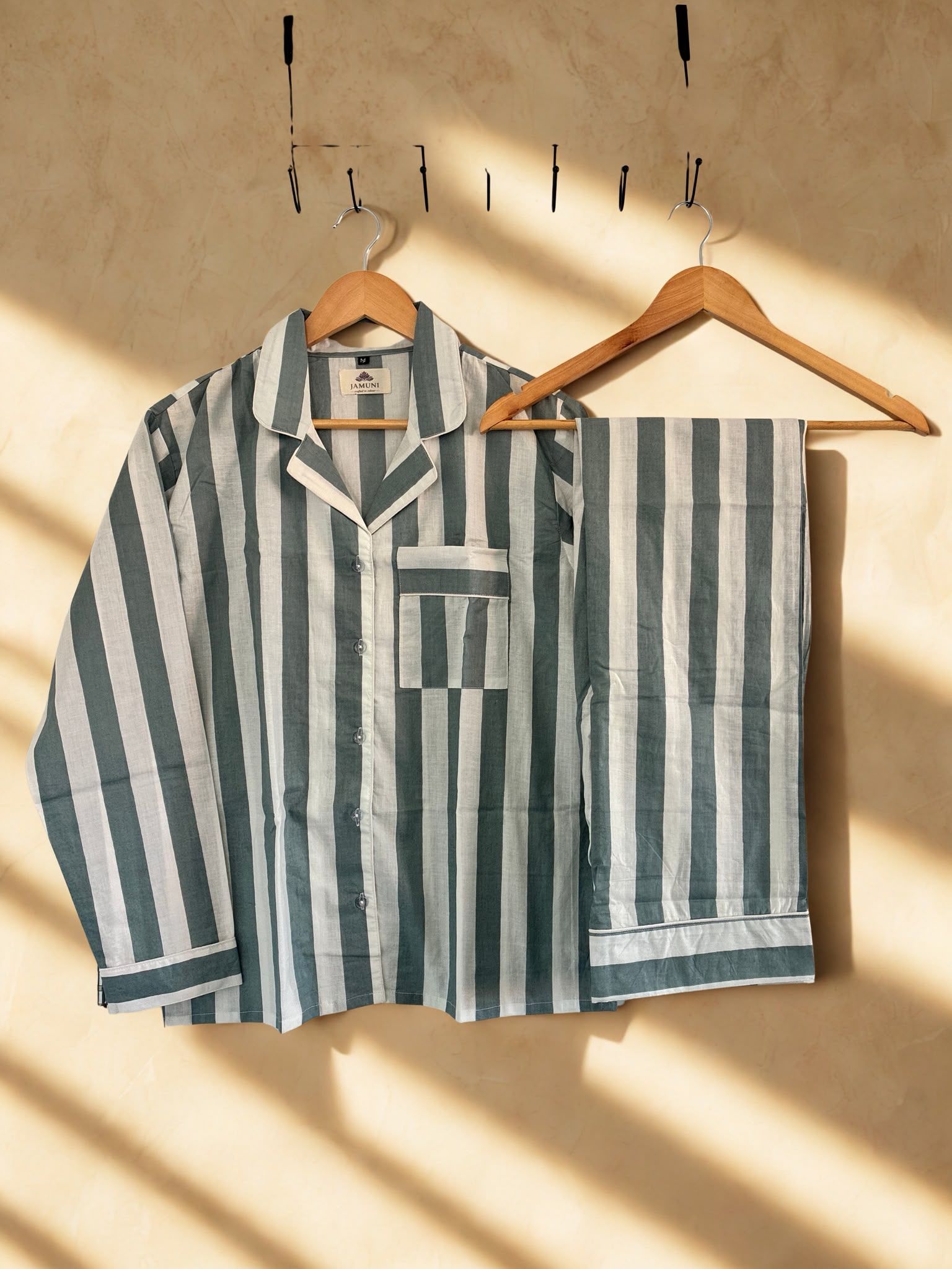 Sage Stripe Cotton PJ Set - shirt and trousers on hangers