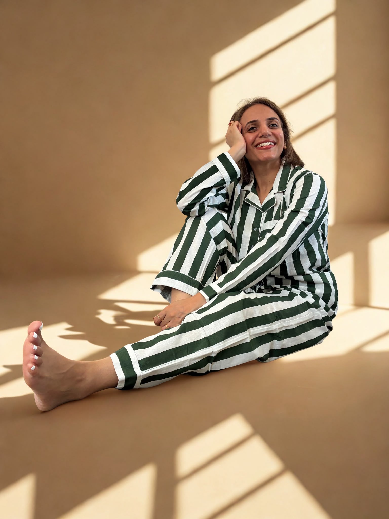 Forest Stripe Cotton PJ Set - model wearing seated relaxed pose